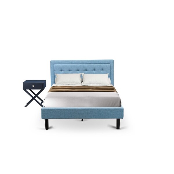 Fannin Full Size Bedroom Set with Wood Bed Frame and a Mid Century Modern Nightstand - Denim Blue Linen Fabric - - 33887394