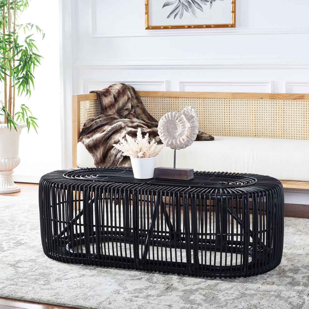 Coastal Coffee Table  Rattan Frame With Spacious Oval Shaped Top  Jet Black   Tropical   Coffee Tables   by Declusia  Houzz