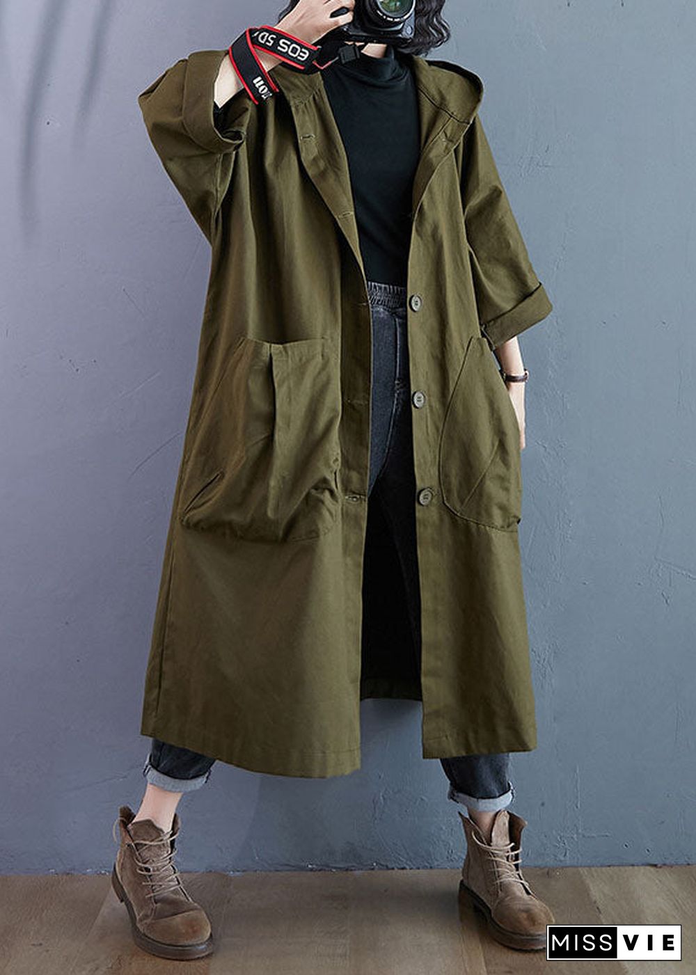 Elegant Army Green Pockets Button Fall Hooded Long sleeve Trench Coats