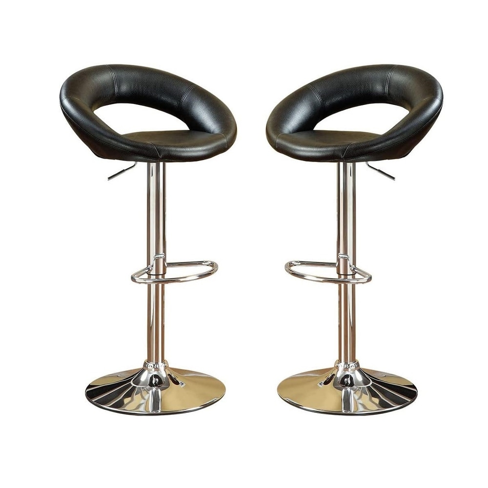 Black Faux Leather Stool Adjustable Height Chairs Set of 2 Chair Swivel Design Chrome Base PVC Dining Furniture