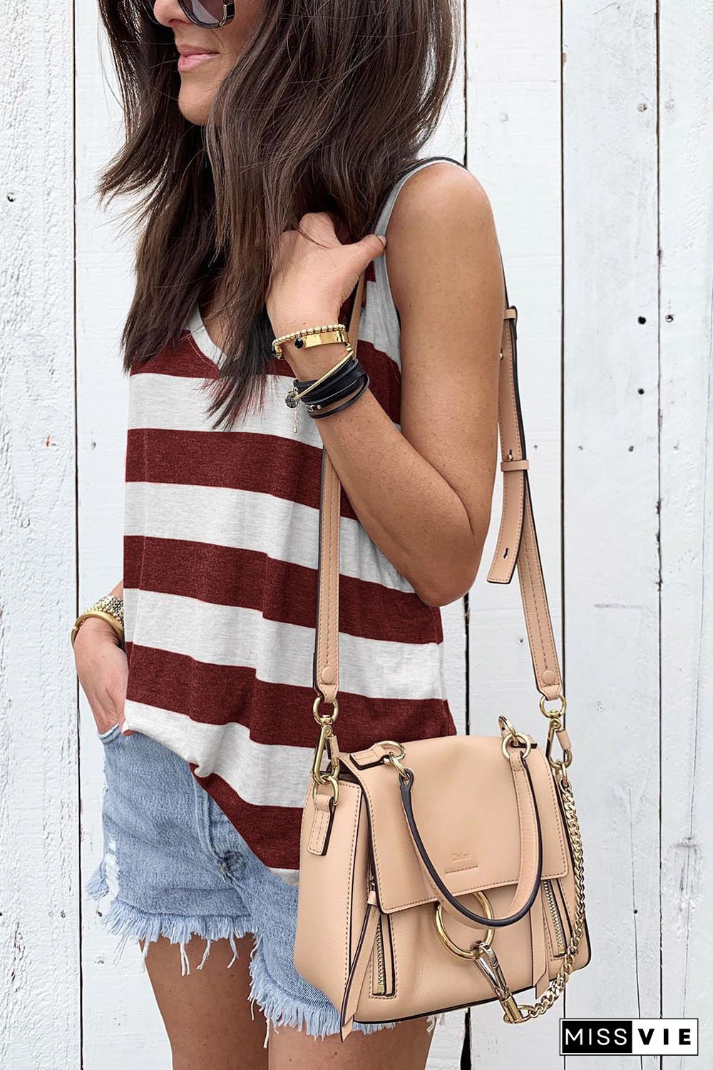 Red Striped V Neck Tank Top