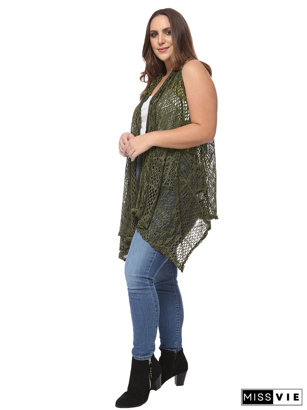 Plus Size Boho Open Front Crochet Cover Up Sleeveless Shawl Cardigan Vest, Olive Green