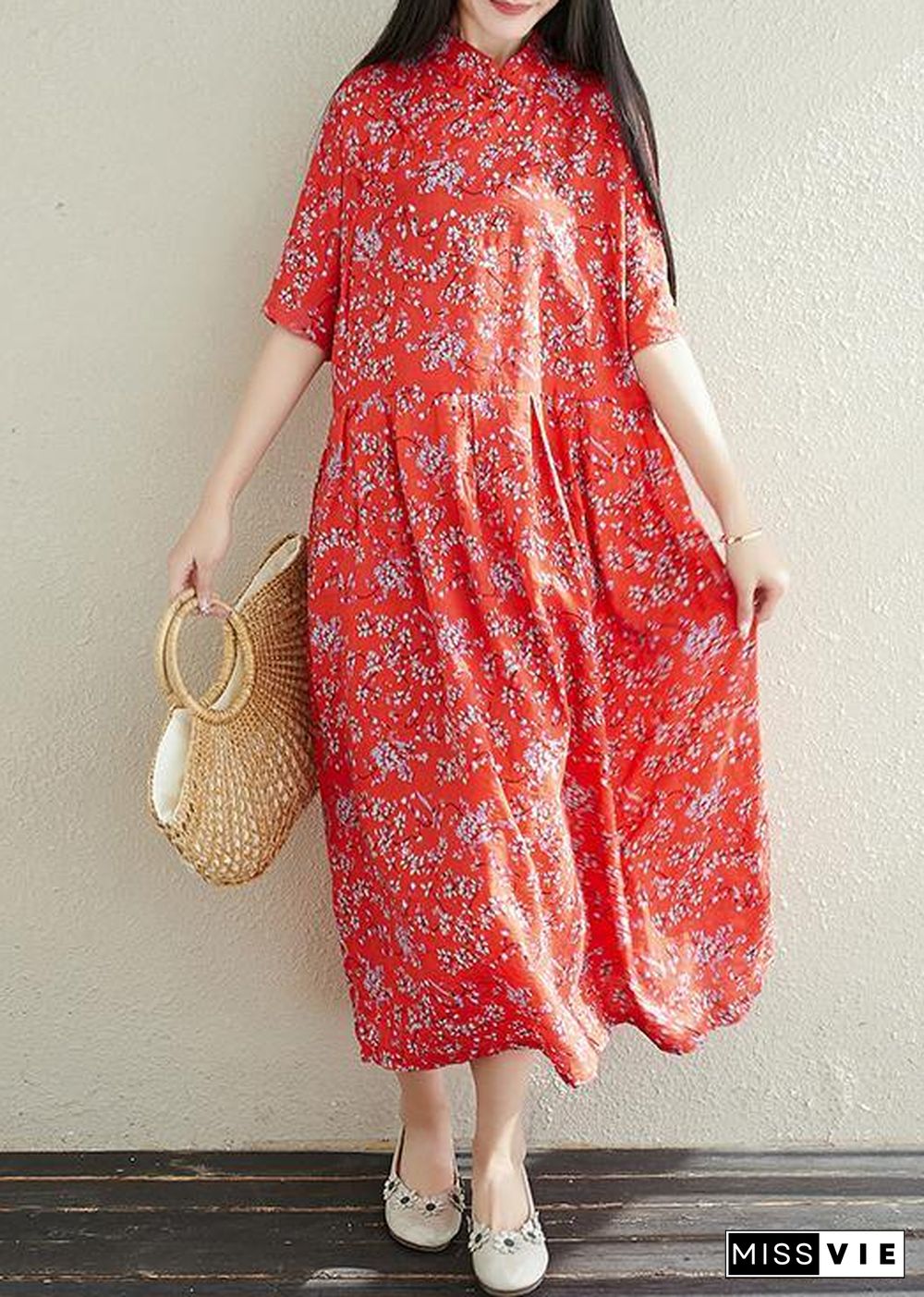 Button Chiffon Robes Fabrics red prints Dresses summer