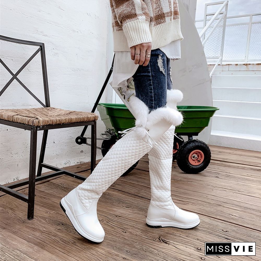 The New Winter Snow Boots Women Warm Fur Fashion Long Boots Casual Wedge Heels Over The Knee Motorcycle High Qulity Boots Female Black Or White Shoes Plus Size 33-43