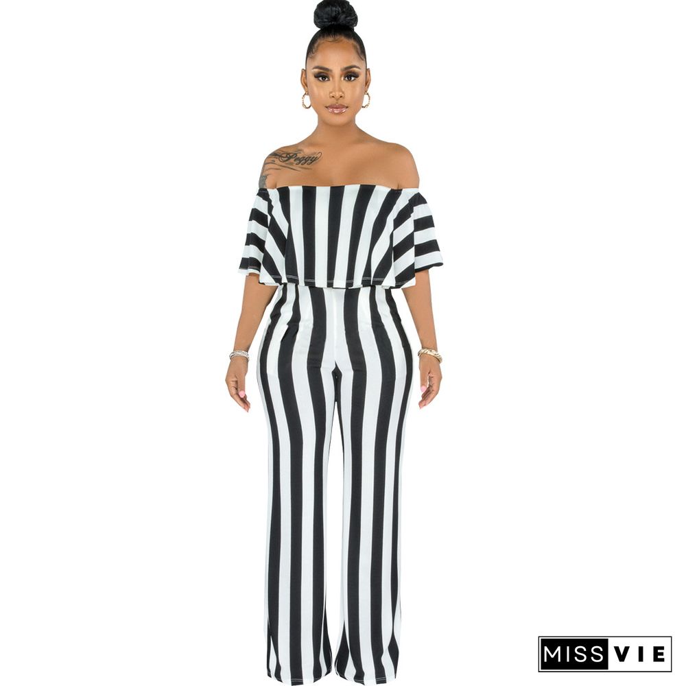 Striped Off Shoulder Wide Leg Jumpsuits