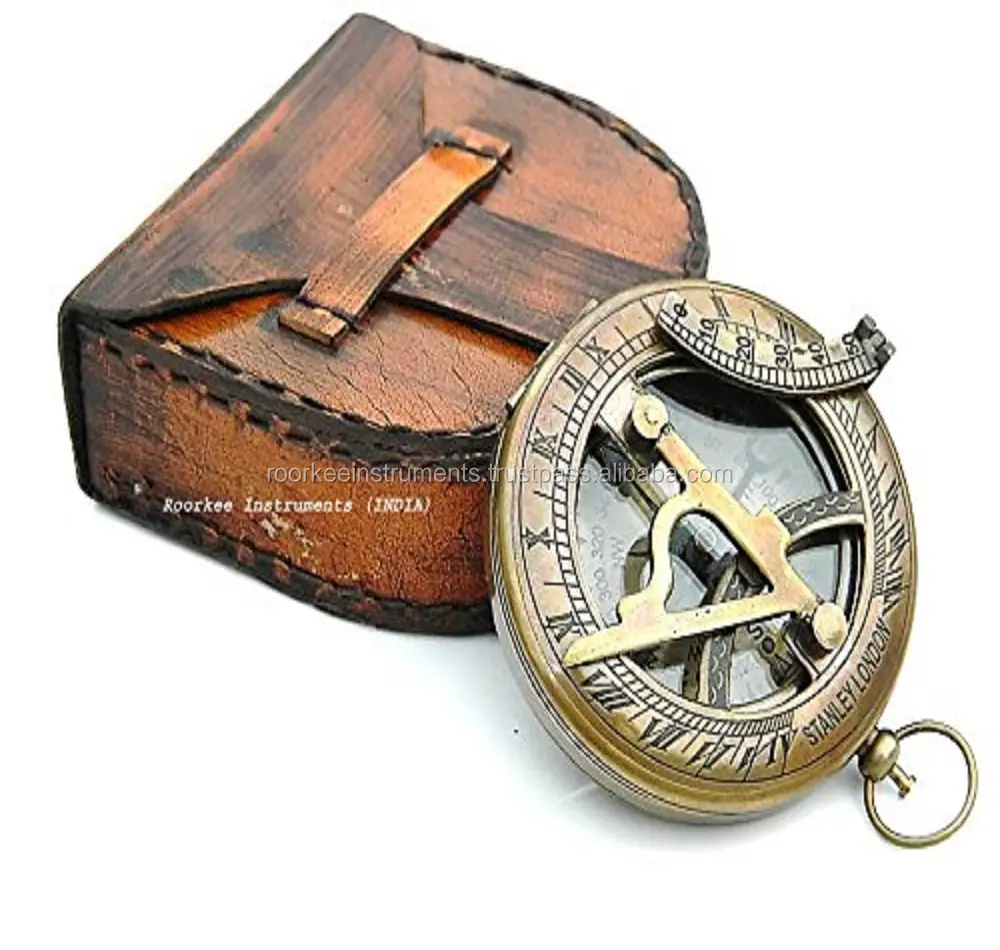 Antique Nautical Vintage Directional Magnetic Sundial Clock Pocket Brass Sundial Compass With Handmade Leather Case