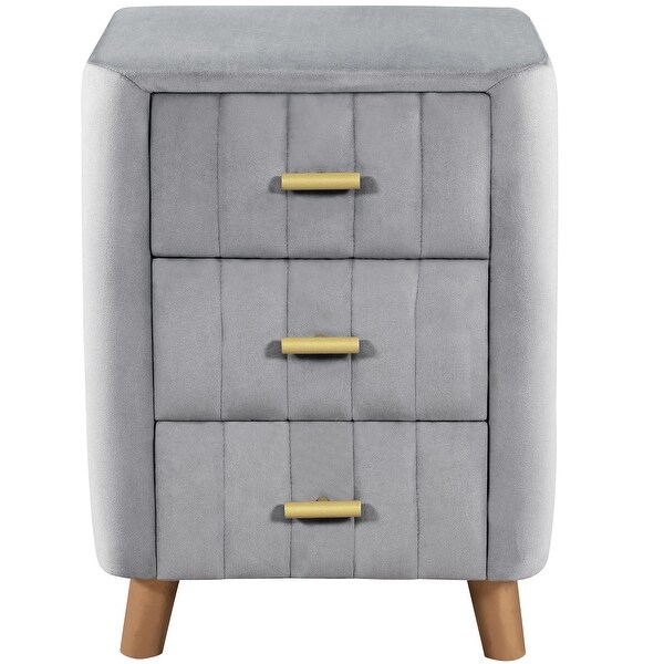 Modern Nightstand with 3 Drawers， Grey Velvet Upholstered Night Stand with Metal Handles， Grey - - 37970263