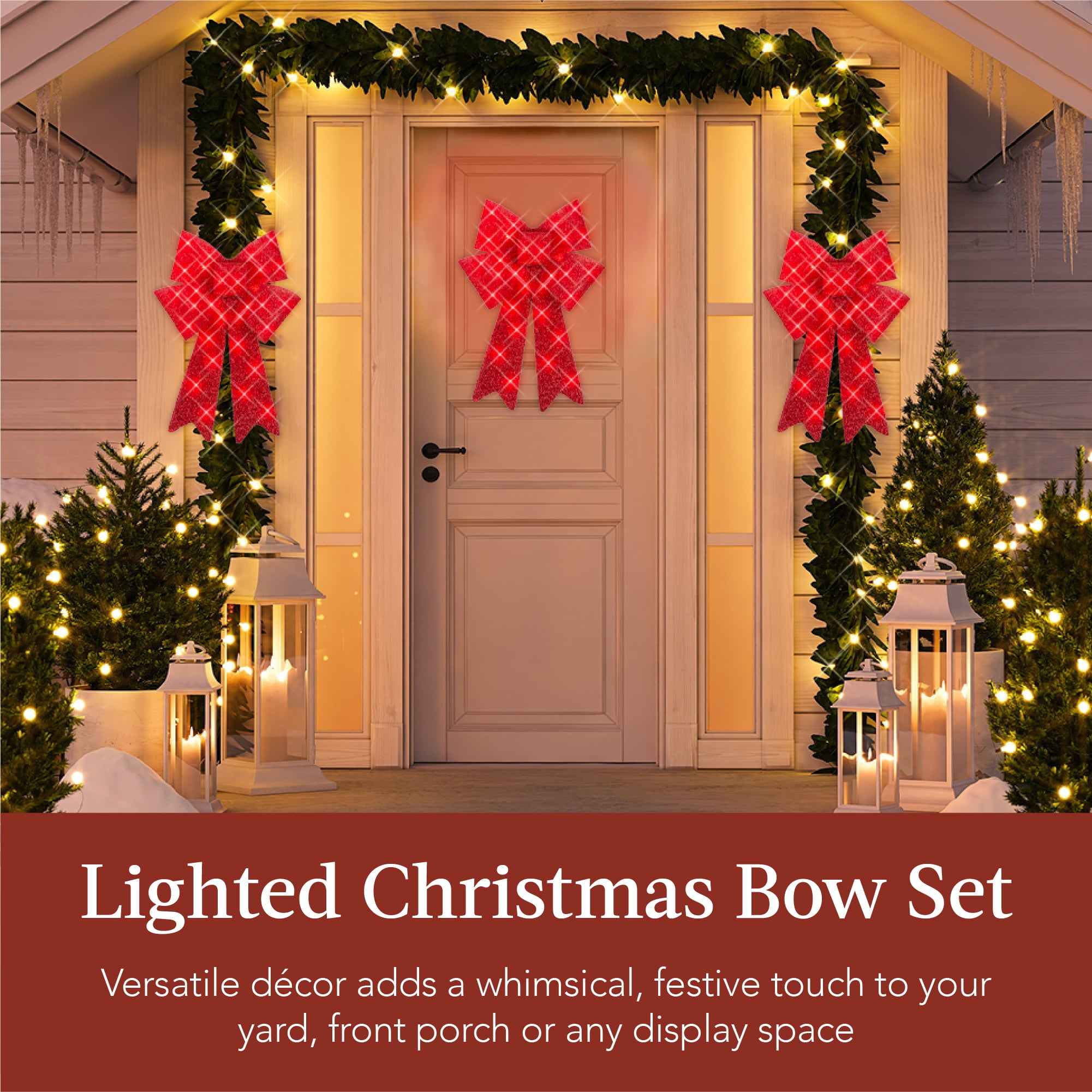 Best Choice Products Set of 3 Pre-Lit Christmas Bows, Indoor/Outdoor LED Holiday Decor w/ 8 Light Functions - Red