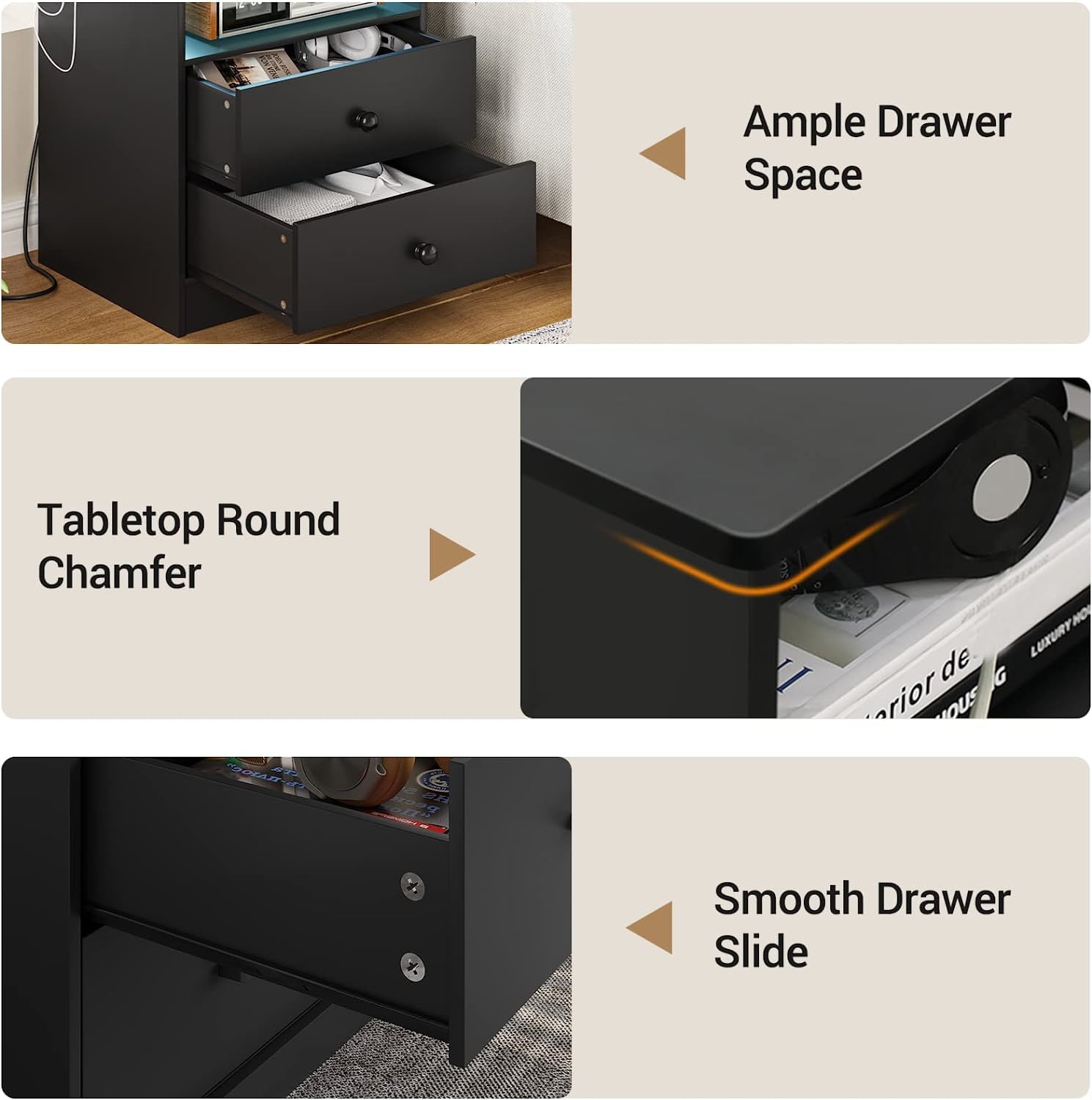 Nightstand with Charging Station and LED Lights, Modern Bedside Table with Drawers and Open Storage,2 USB Charging Ports,Bedroom