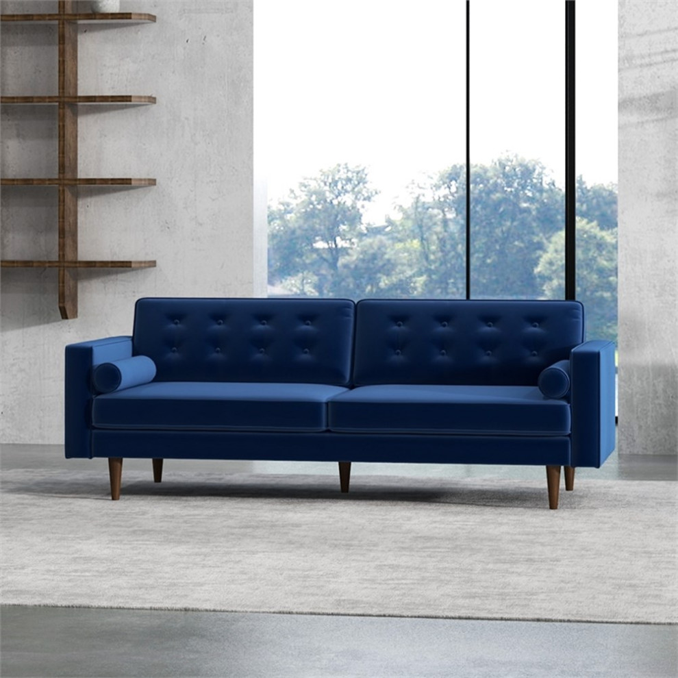 Canton Mid Century Tufted Back Velvet Upholstered Sofa in Blue   Midcentury   Sofas   by Homesquare  Houzz