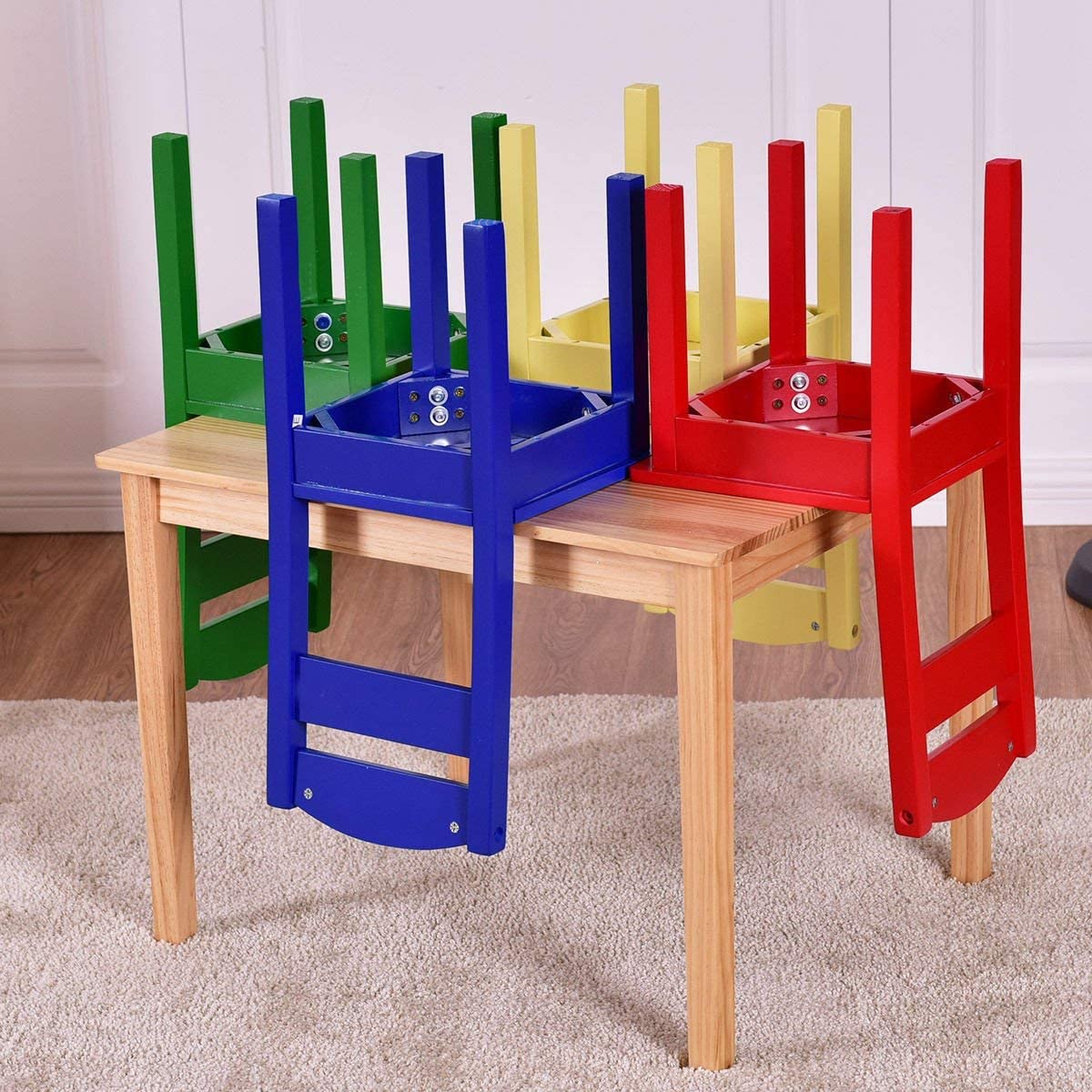 Kids Table and Chair Set, 5 Piece Wood Activity Table & Chairs for Children Arts Crafts