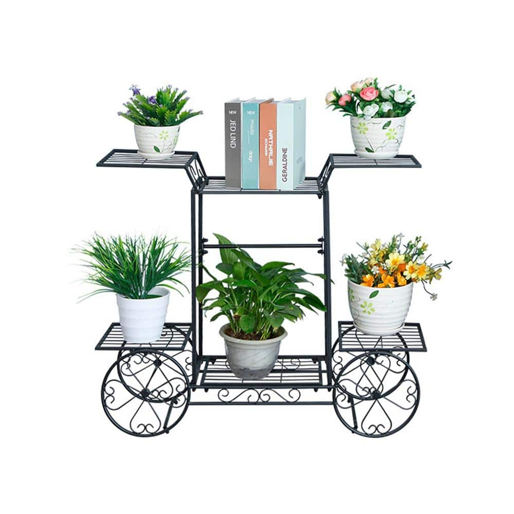 YIYIBYUS 26.77 in. H x 32.67 in. W OutdoorIndoor Black Metal Plant Stand Cart Shaped Flower Pot Holder HG-HCXLST-3226