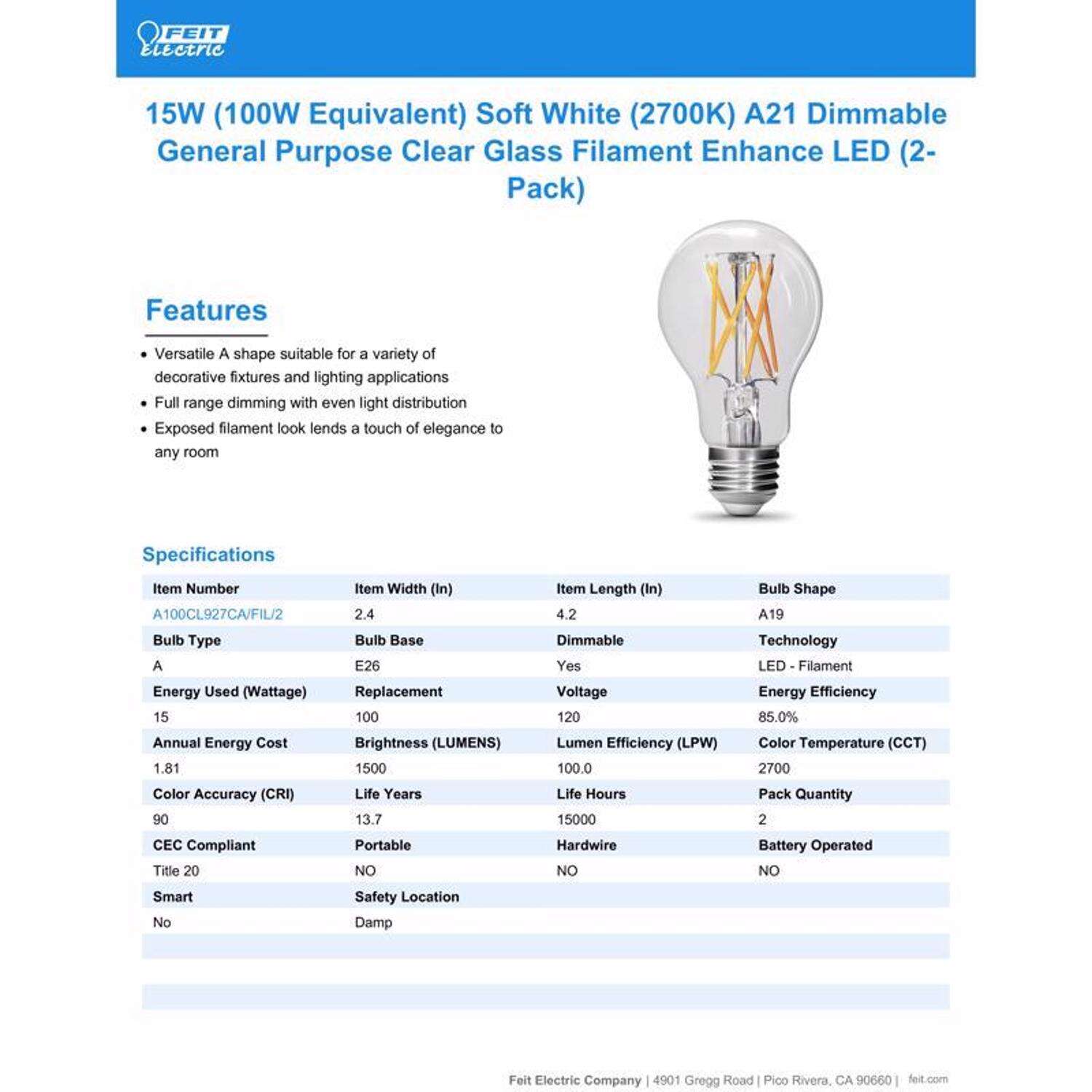 Feit Enhance A19 E26 (Medium) Filament LED Bulb Soft White 100 Watt Equivalence 2 pk