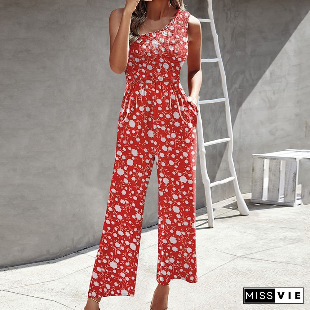 Fashion Commute Wide-Leg Pants Playsuits Ladies Sexy Elastic Slim One-Shoulder Jumpsuits Retro Harajuku Print Pocket Romper