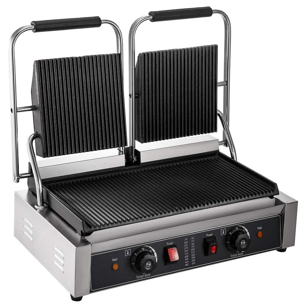 VEVOR Commercial Sandwich Panini Press 3600-Watt Non-Stick Surface Commercial Panini Grill Double Grooved Plates, Silver DPLDYBPLLD-813001V1