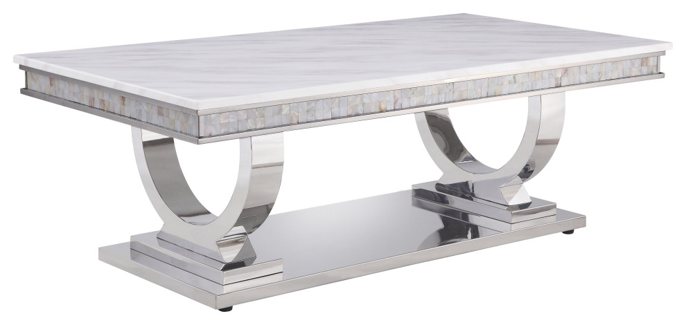 Zander Coffee Table  White Printed Faux Marble and Mirrored Silver Finish   Contemporary   Coffee Tables   by Homesquare  Houzz