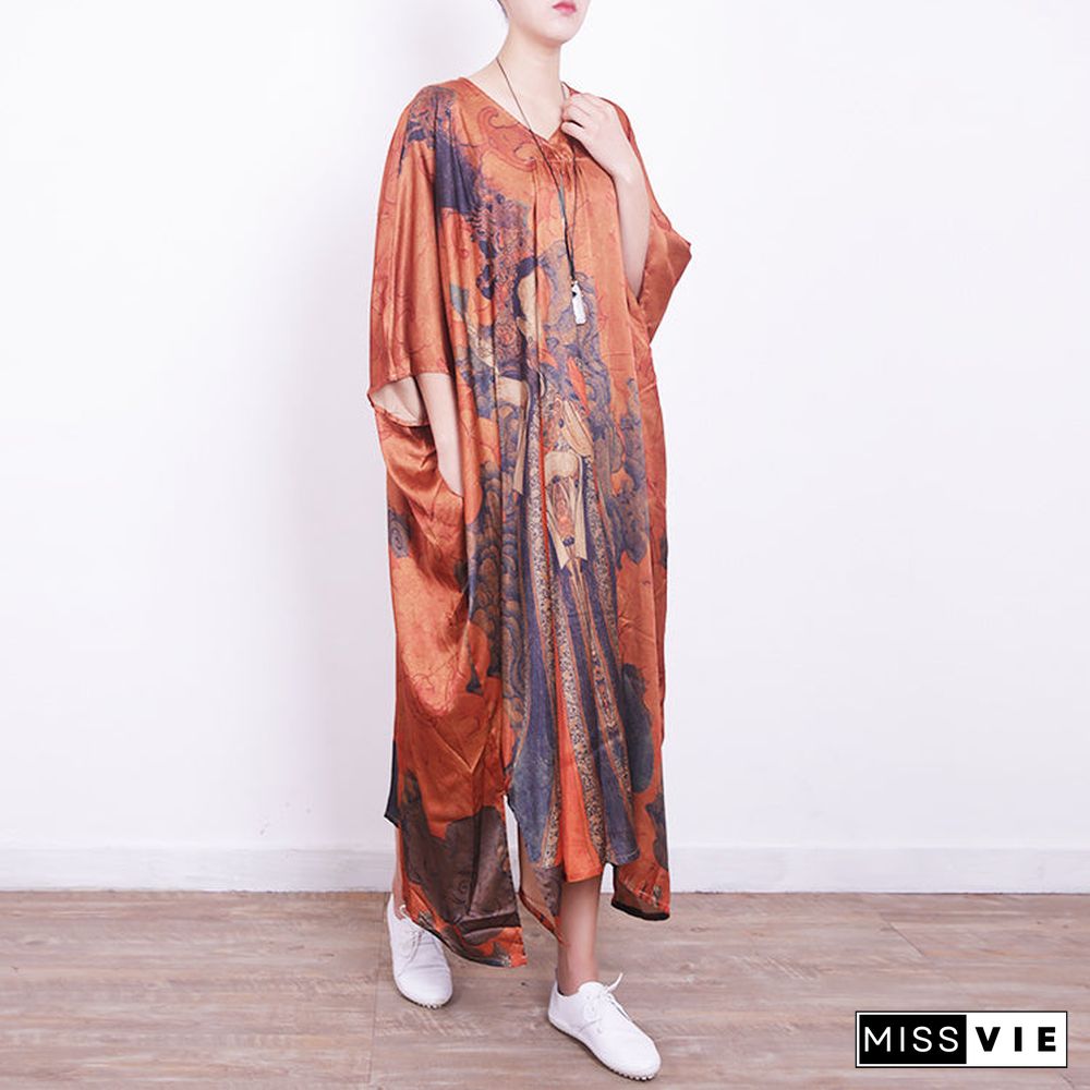 fine orange Midi-length silk dress plus size casual dressv neck prints silk dresses