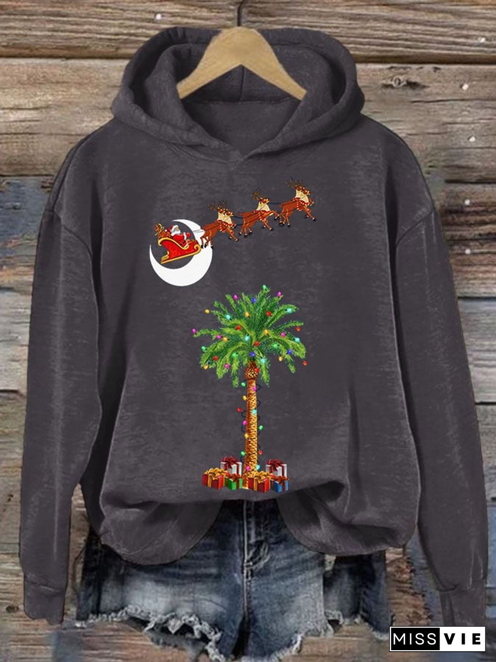 Women's Christmas Palm Tree Print Casual Hoodie