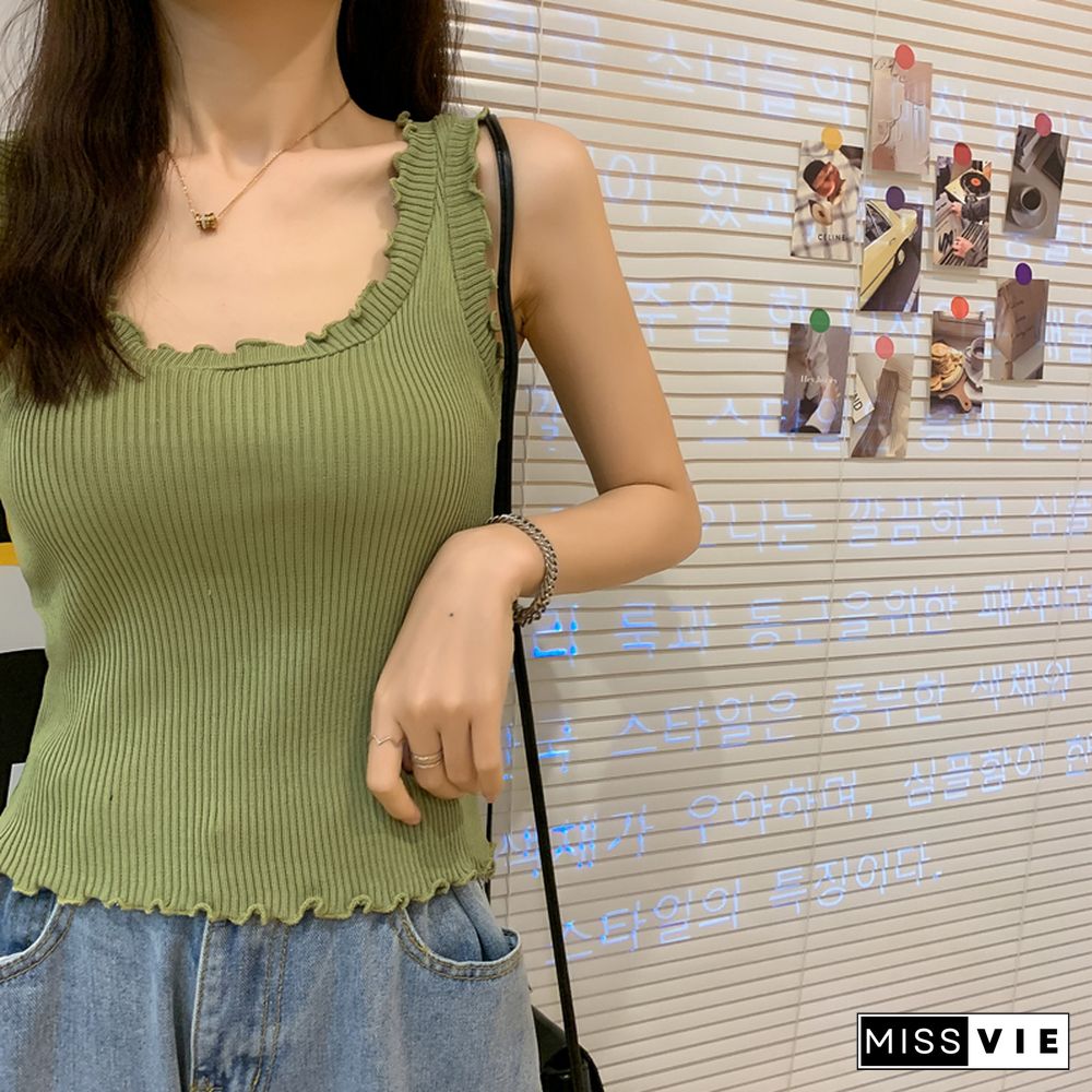 Pearl Diary 7 Colors Rib Knit Tank Tops Lettuce Edge Sexy Sleeveless Tops Summer Candy Color Sweet Tops For Women Beach Hot Top