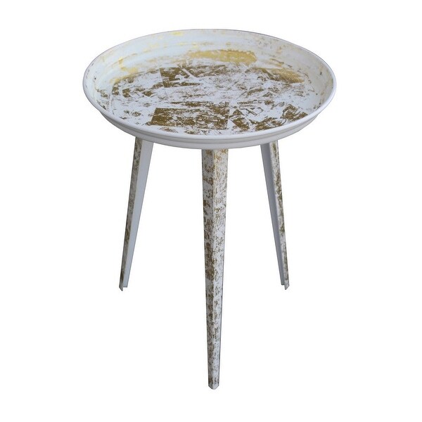 20 Inch Artisanal Industrial Round Tray Top Iron Side End Table， Tripod Base， Distressed White， Gold - 20 H x 16 W x 16 L