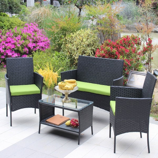 4 Pcs Rattan Patio Furniture Set Outdoor Patio Cushioned Seat Wicker Sofa Conversation Sets - Overstock - 37823590