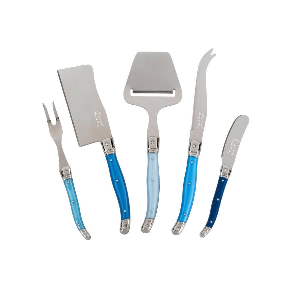 French Home Laguiole 5 Piece Cheese Knife, Fork and Slicer Set, Shades of Blue