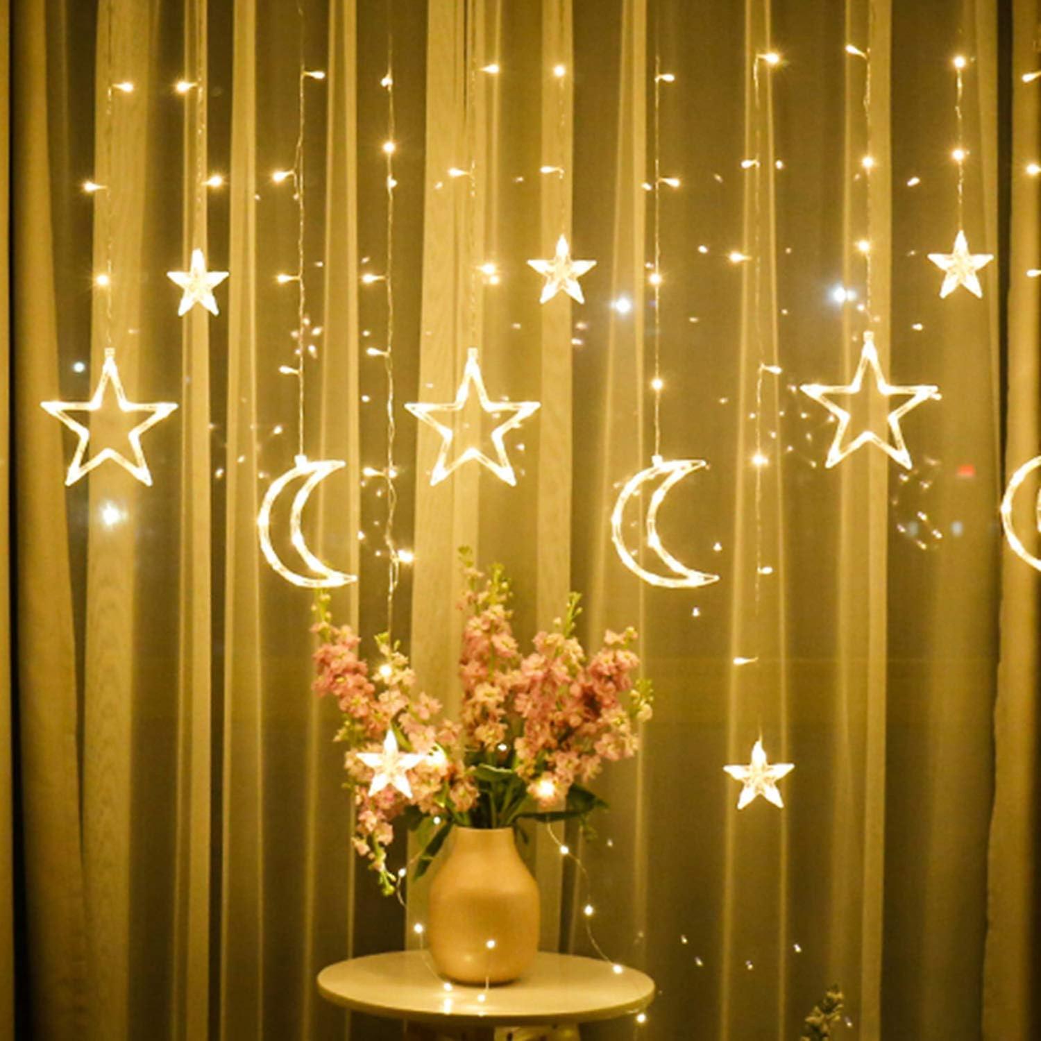 Star Moon Curtain Lights， 3.5m Moon Curtain Light Ramadan， Led Star String Lights， Star Curtain Lights， Decorative Lamp For Window， Christmas