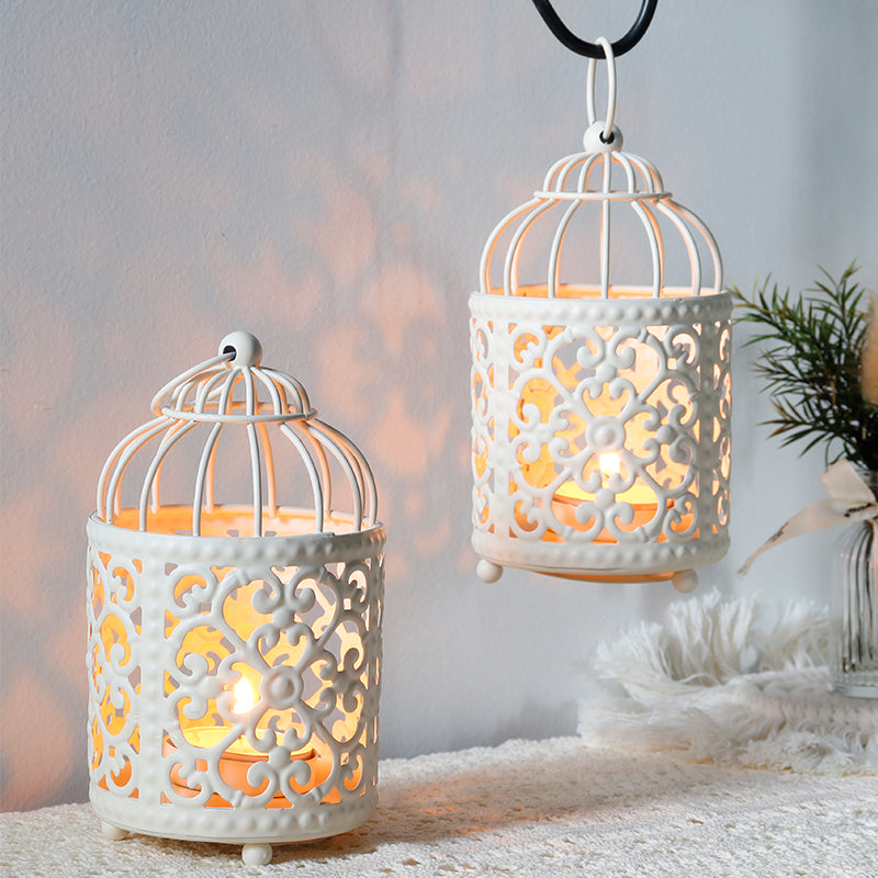 JHY DESIGN 2 Set of Small Metal Hollow Candle Stick Holder (White Birdcage)