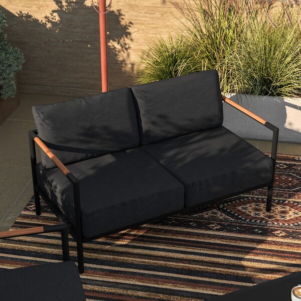 Metal Frame Loveseat with Teak Arm Accents and Plush Cushions