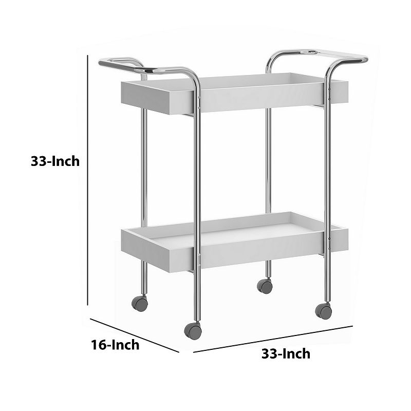 Storage Cart with 2 Tier Design and Metal Frame， White and Chrome