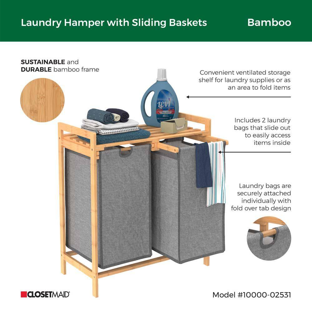 ClosetMaid Bamboo 2-Compartment Laundry Sorter Hamper with Sliding Baskets 10000-02531