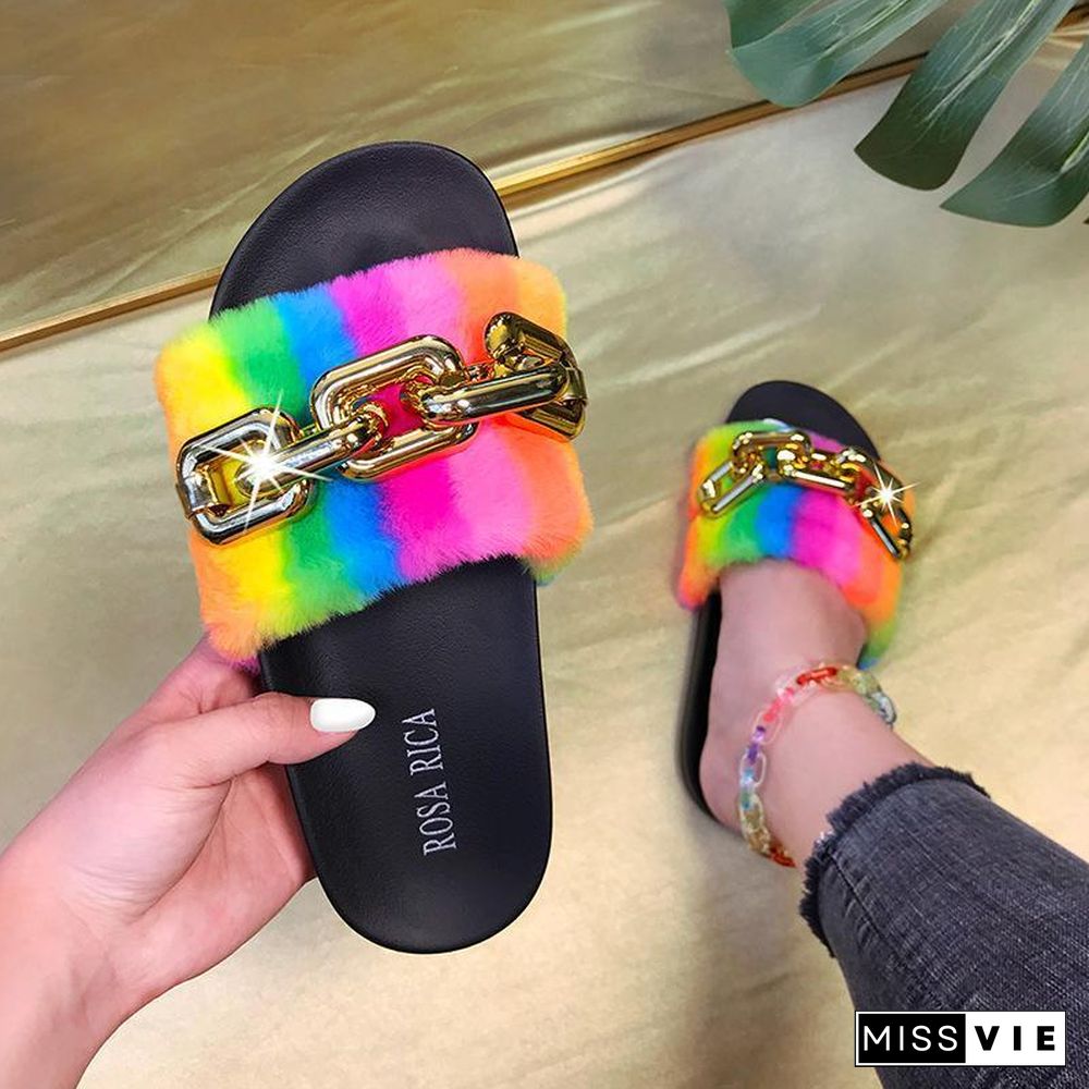 Summer Chic Fluffy Rainbow Slipper