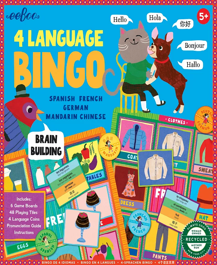 Eeboo 4 Language Bingo Game and Spanish  French  German  Mandarin Chinese  Ages 3 and up