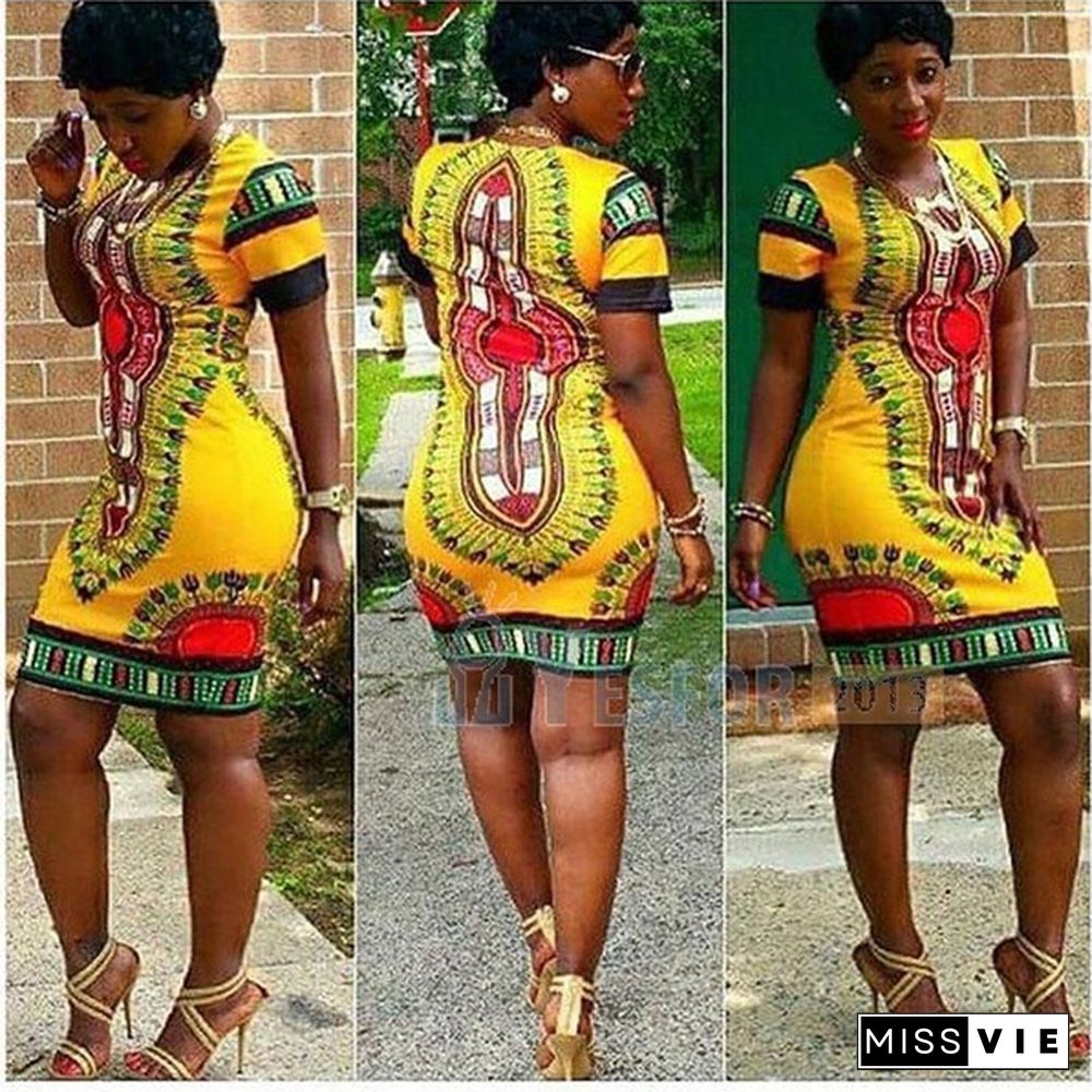 Summer Sexy Womens Traditional African Printed Dashiki Bodycon Short Sleeve Slim Dress