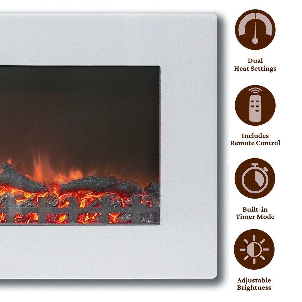 Cambridge CAM30WMEF 2WHT Callisto 30 In. Wall Mount Electric Fireplace with White Flat Panel and Realistic Log Display