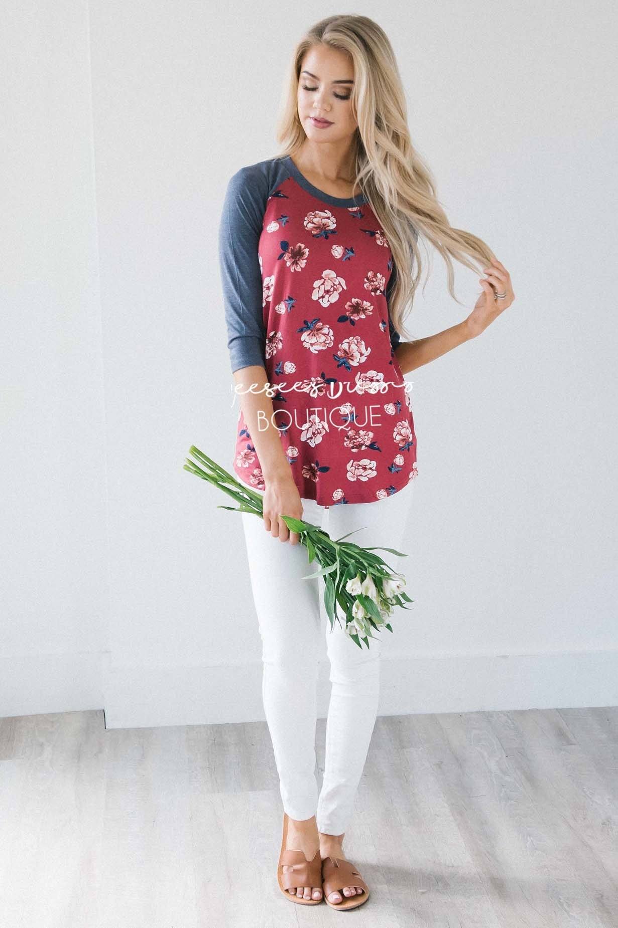 Wine Floral Navy Sleeve Baseball Tee