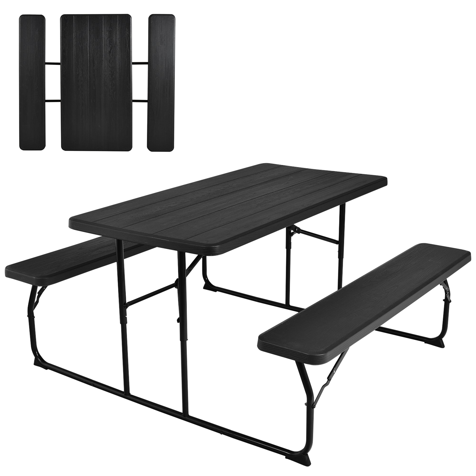 Gymax Folding Picnic Table and Bench Set for Camping BBQ w/ Steel Frame Black