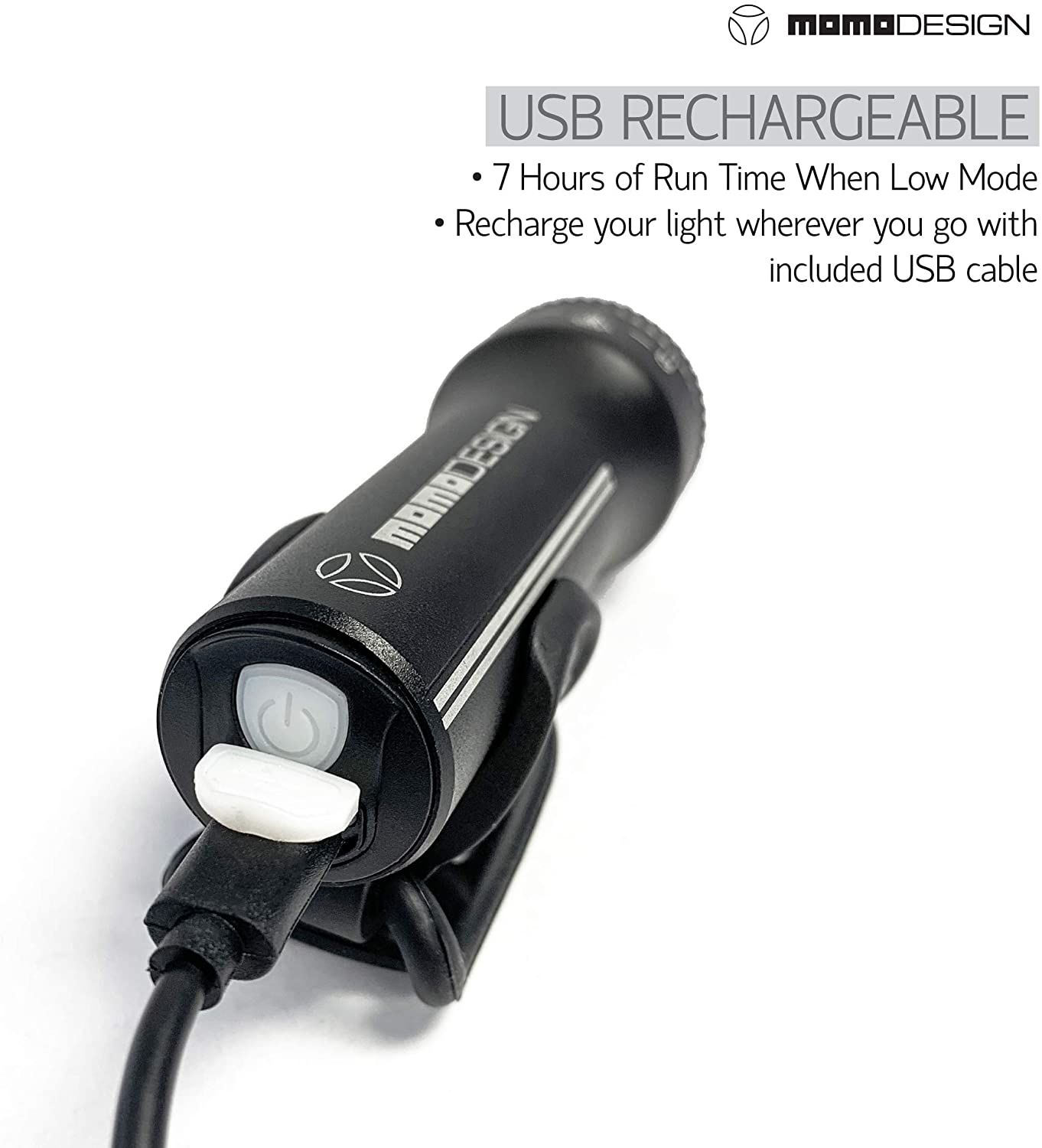 MOMODESIGN Bike Light • Zoom LED USB Rechargeable Headlight • Bright Nightvision for Safety • Water Resistant • Universal Fit • 300 Lumens • Charging time: 2-3 Hours • Runtime 7 Hours Low Mode