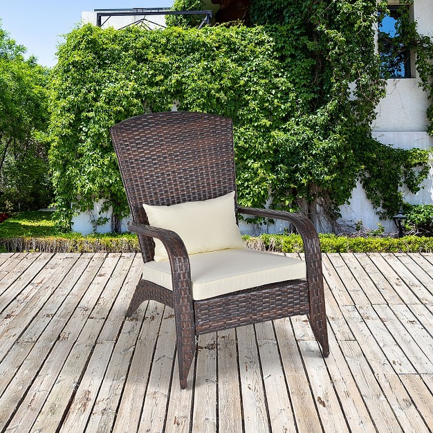 Outsunny Patio Adirondack Chair With All weather Rattan Wicker Soft Cushions Tall Curved Backrest For Deck Or Garden