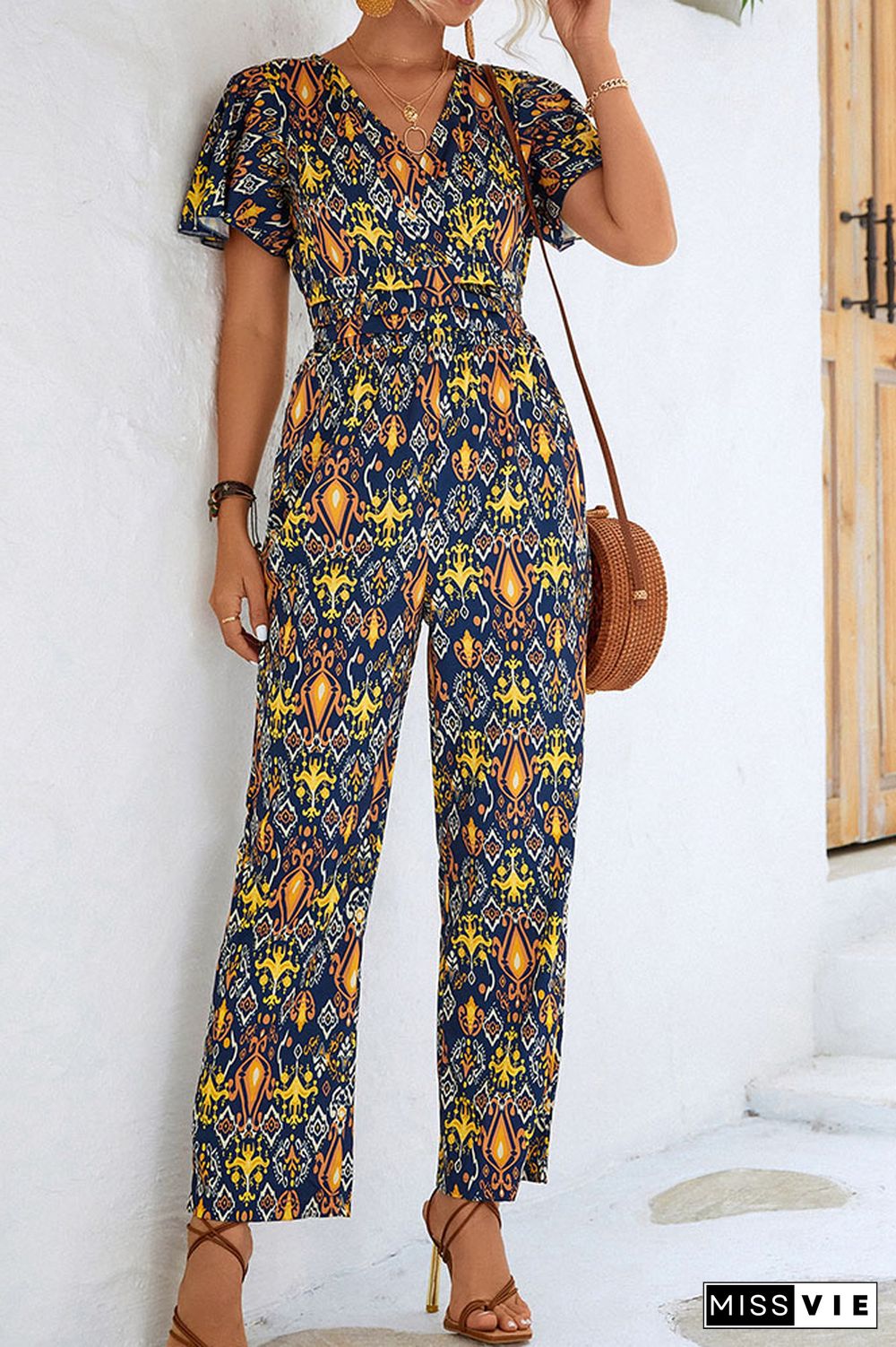 V Neck High Wasit Printed Jumpsuit