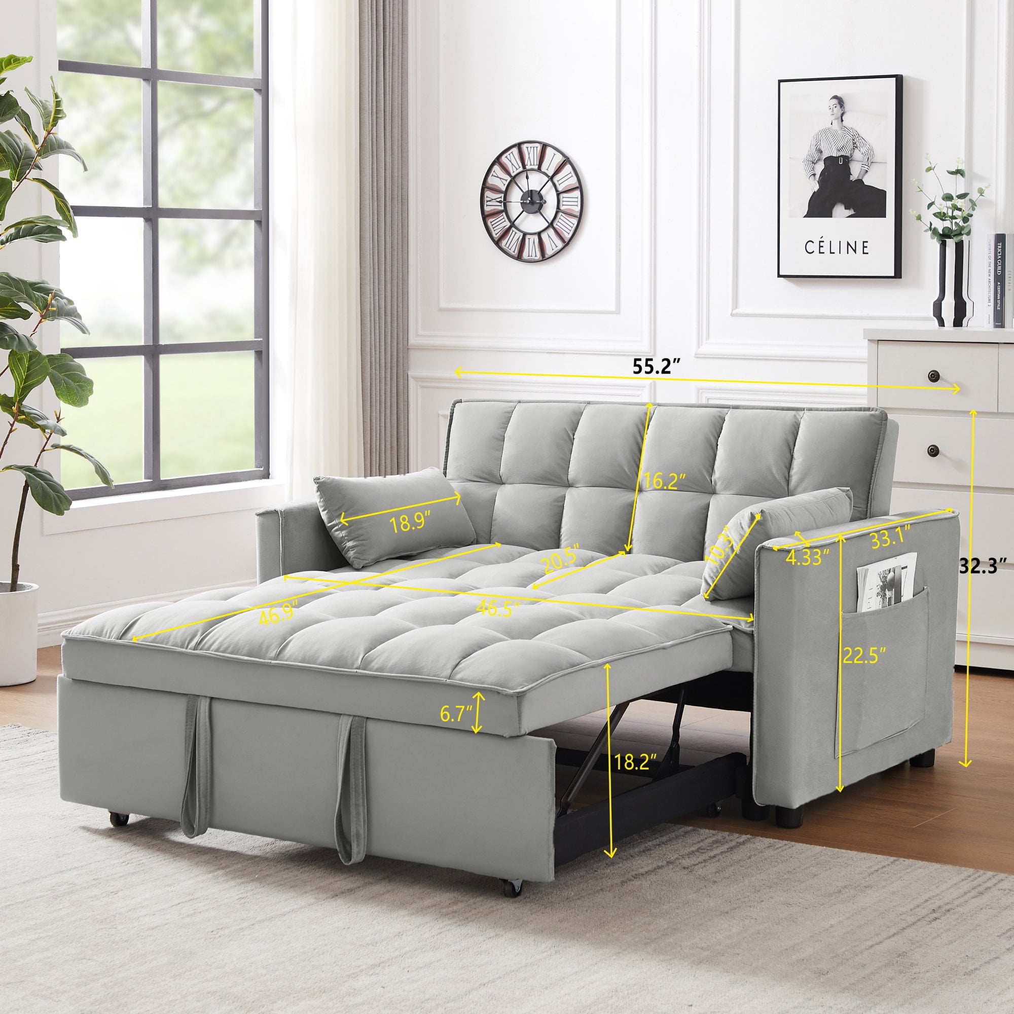 Holaki Convertible Velvet Sleeper Sofa Bed, 55.2