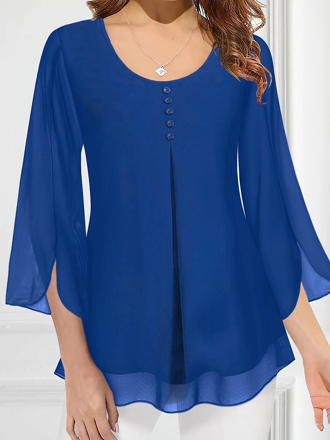 Plus Size Elegant Crew Neck Blouse, Non-Stretch Polyester, Solid Color, Machine Washable, Perfect for All Seasons