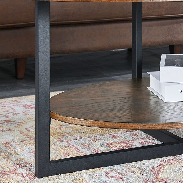 Solid Wood Oval Coffee Table with Cross Metal Legs