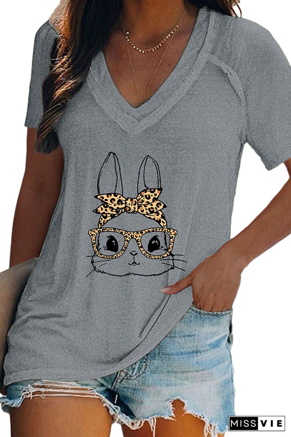 Easter bunny-Cute bunny with leopard bandana and glasses V Neck Graphic Tee