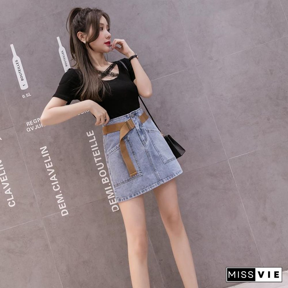 Solid Color Tee+Denim Skirt P15086