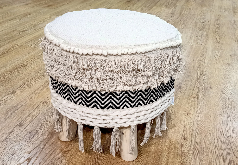 Black Chevron and Ivory Textured and Fringed Bohemian Stool   Scandinavian   Footstools And Ottomans   by LR Home  Houzz