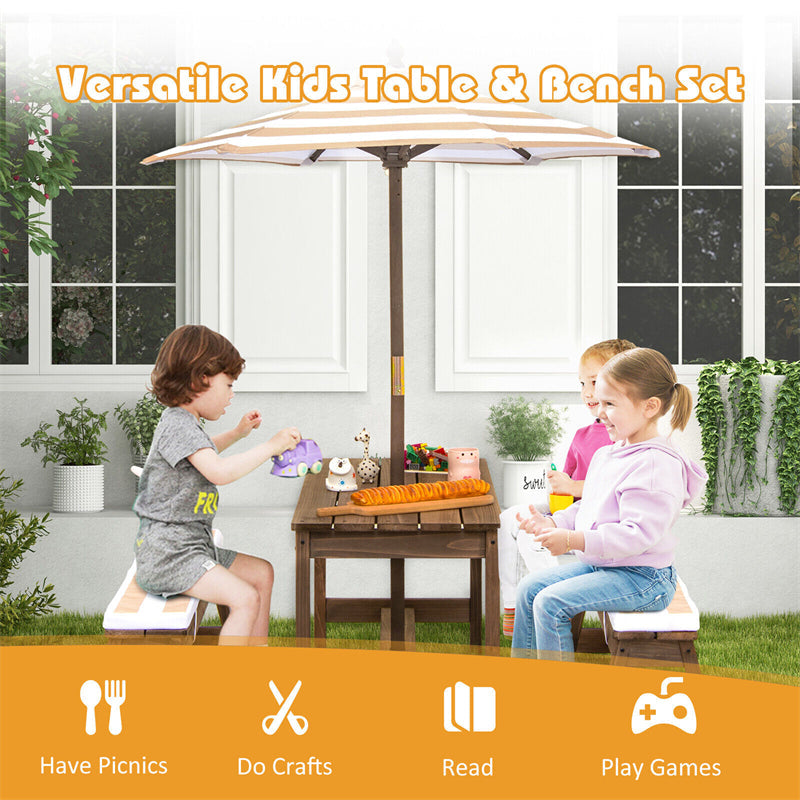 Wooden Kids Picnic Table Bench Set Children Outdoor Activity Table with Cushions & Height Adjustable Umbrella