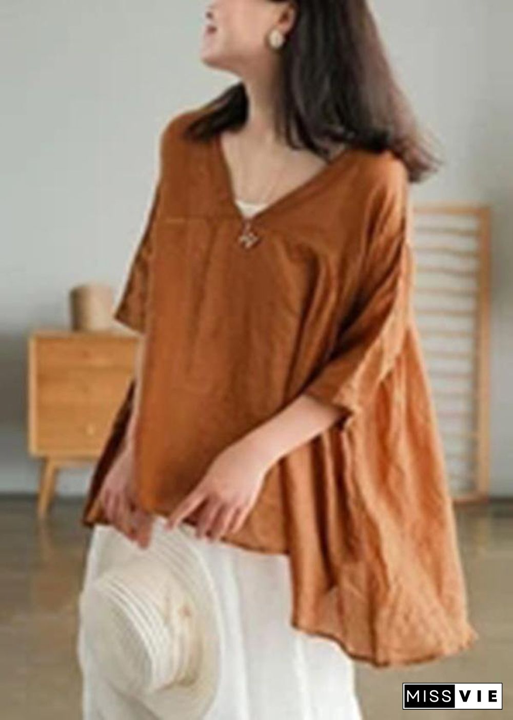 Women Ramie Lace-up Pure Color Irregular Casual T-shirt