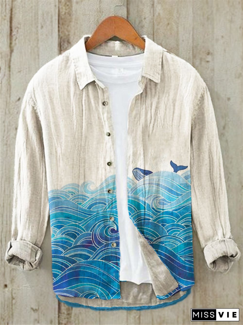 Wave & Whale Print Linen Long Sleeve Shirt