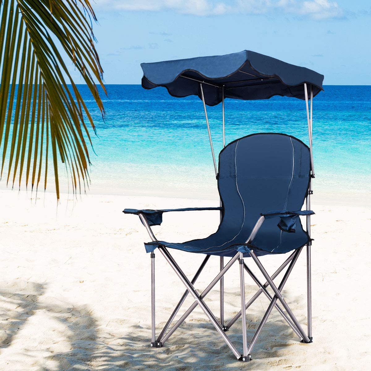 Beach Chair with Canopy Shade, Folding Lawn Chair with Umbrella Cup Holder & Carry Bag, Portable Sunshade Chair for Adults for Outdoor Travel Hiking Fishing, Blue